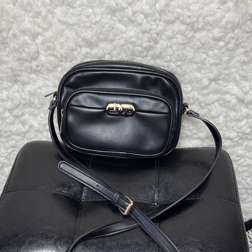 Black Crossbody Camera Bag With Gold Hardware